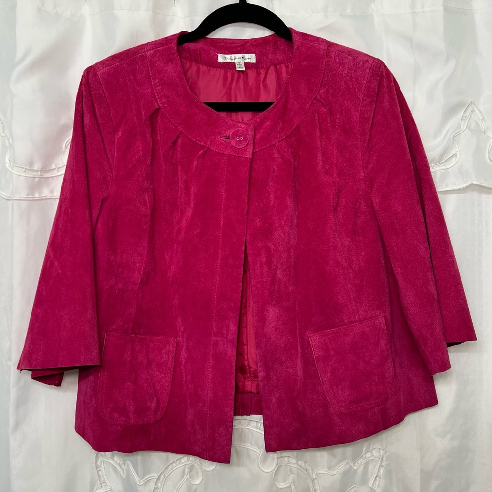 Vintage Yvonne Marie Pink Suede Cropped Mod Jacket—Size 10